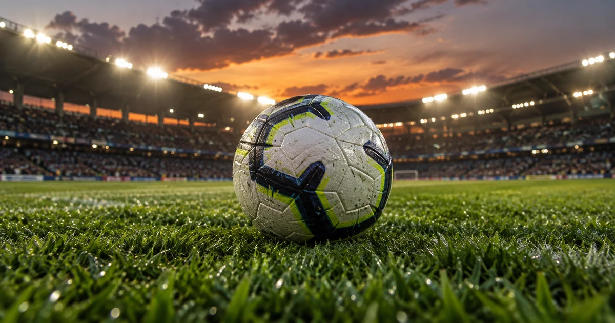 Ilustração gerada por IA: Bola de futebol sobre o gramado úmido de um estádio iluminado ao entardecer.