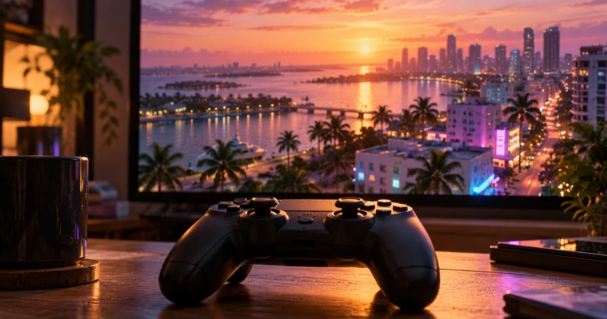 Ilustração gerada por IA: Controle de videogame sobre uma mesa diante de uma tela com uma cidade costeira imaginária ao pôr do sol.