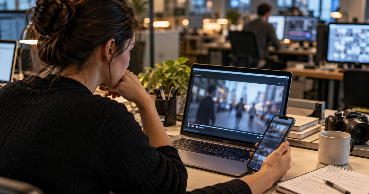 Ilustração gerada por IA: Pessoa conferindo um vídeo em um computador e consultando um segundo dispositivo.