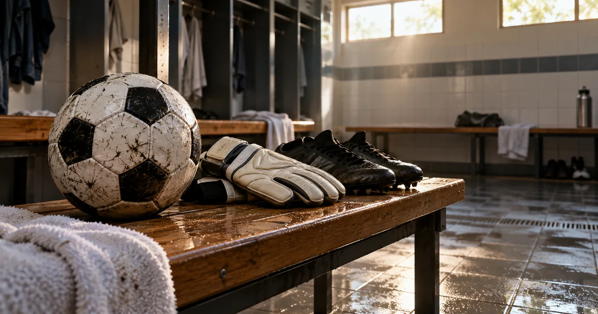 Ilustração gerada por IA: Bola de futebol, luvas e chuteiras sobre um banco em um vestiário vazio.