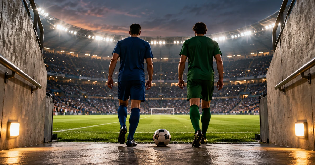 Ilustração gerada por IA: Dois jogadores anônimos, com uniformes azul e verde, saindo do túnel em direção a um campo de futebol.